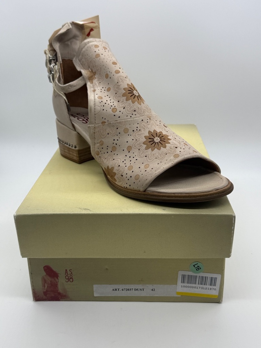 A.S.98 Beige Floral Cutout Open-Toe Block Heel Sandal